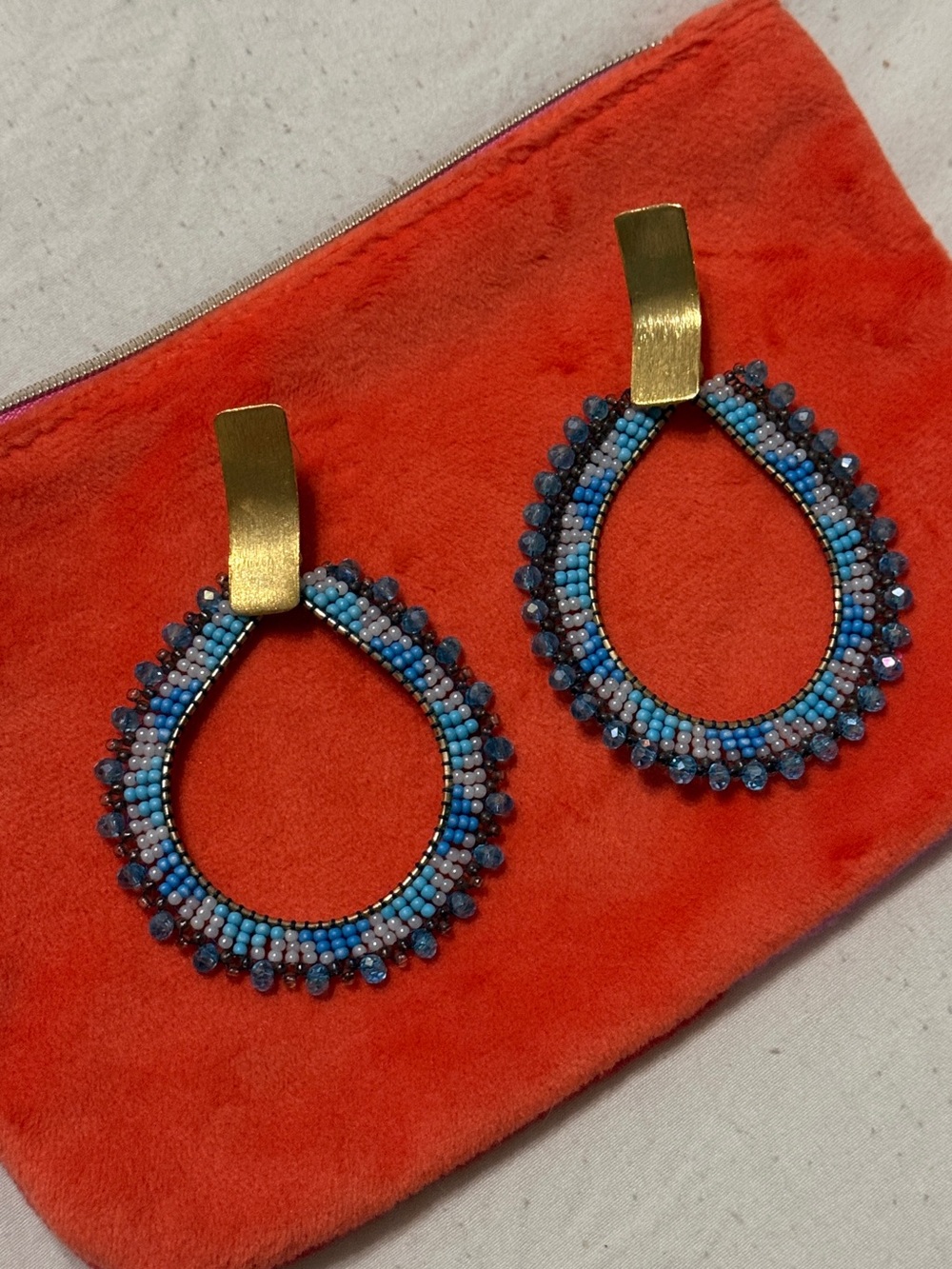 Gold-Top Blue Beaded Teardrop Statement Earrings